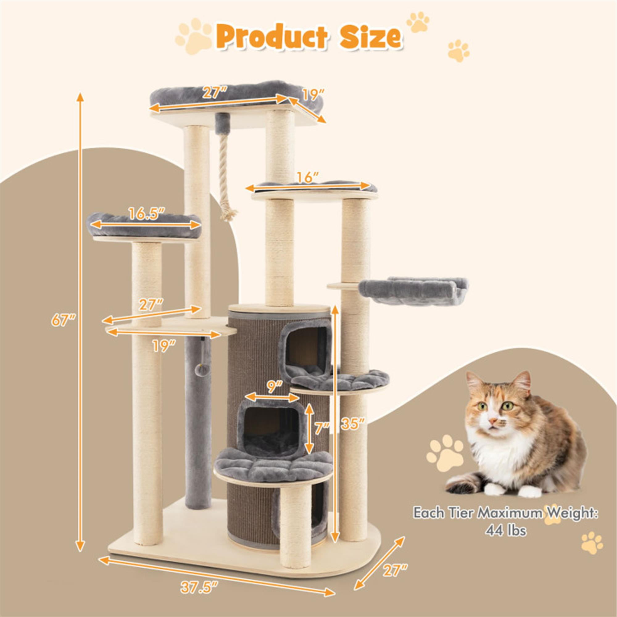 Kadyn 67" Cat Tree Tower for Indoor Cats, Multi-Level Cat Tree House with 3-Story Cat Condo, Top Perch, Sisal Rope Scratching Posts, Gray