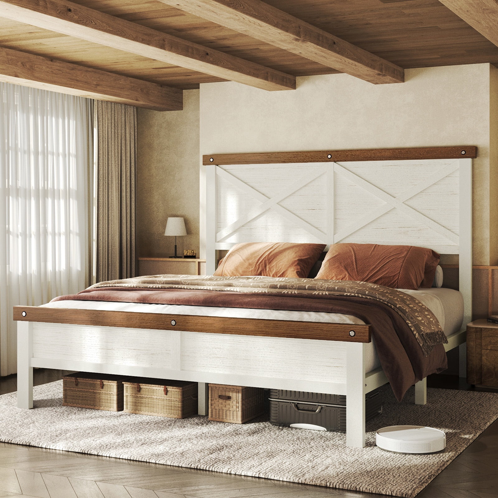 HOMRELEXA Farmhouse Bed Frame Queen Size with 51" Tall Headboard and Footboard, Platform Bed Frame, No Box Spring Needed, White