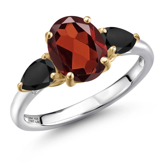 Gem Stone King 925 Silver and 10K Yellow Gold Red Garnet and Black Onyx Engagement Ring for Women | 2.89 Cttw | Oval 9X7MM | Gemstone January Birthstone | Size 7