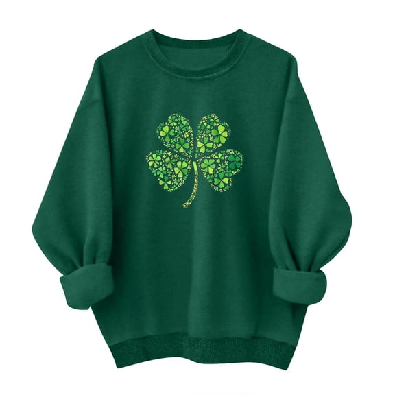 FDGIU Cute Saint Patrick's Day Pullover for Women - Soft Green Shamrock Print Long Sleeve Crew Neck Tunic Top