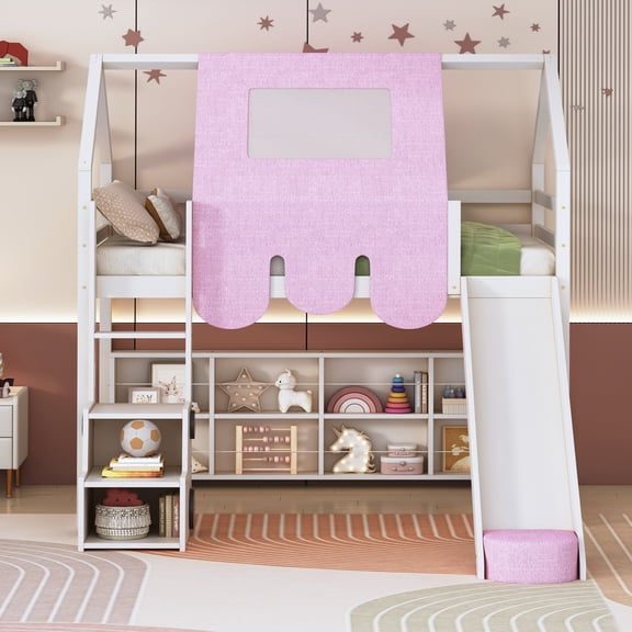JUYG Twin Wooden Loft Bed with House-Shaped Frame and Tent, White and Pink