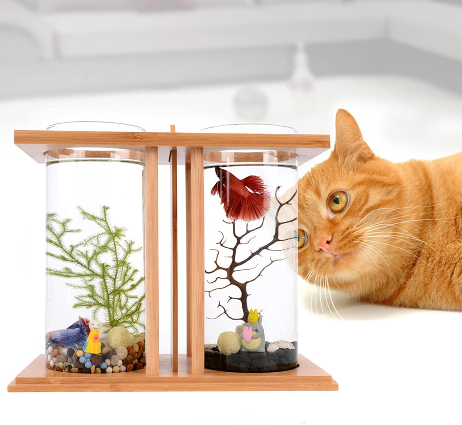 Creative Bamboo Wood Ecological Fish Tank Dual Glass Desktop Mini DIY Goldfish Betta Fish Tank Micro Landscape Tank Aquarium Small Fish Tank