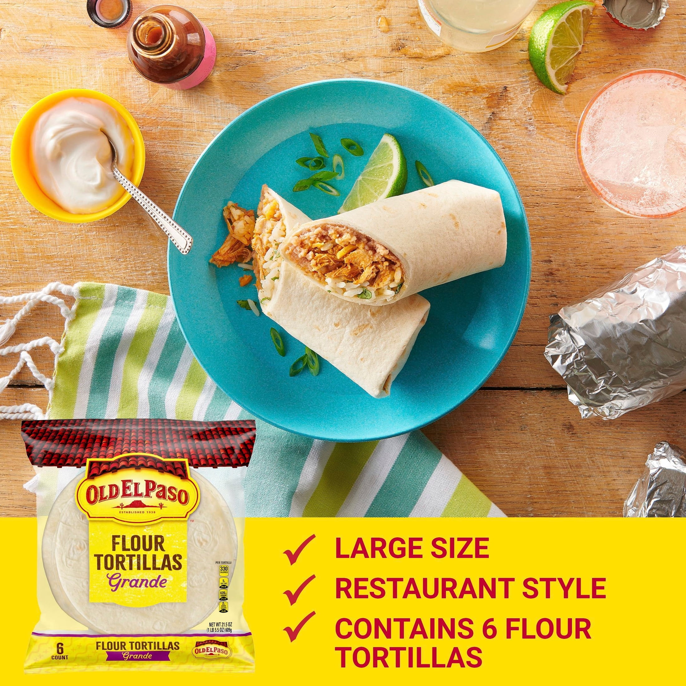 (5 pack) Old El Paso Restaurant Style Grande Flour Tortillas, Meal Prep, 6 Count, 21.5 oz