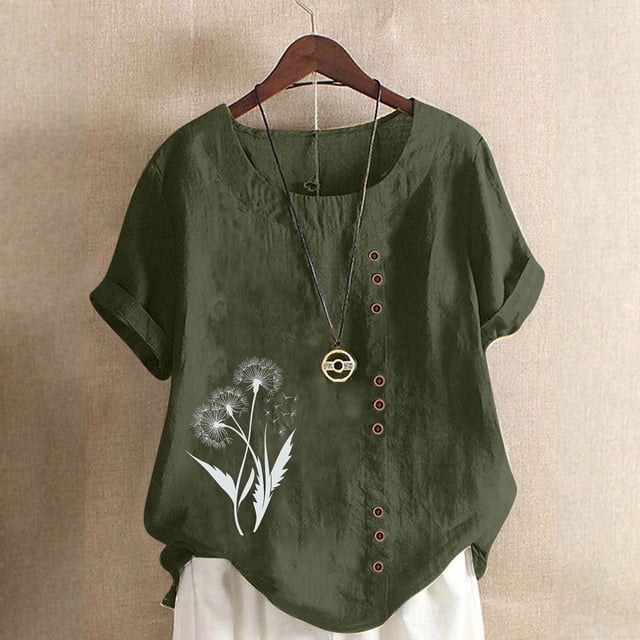 Karight Womens Cotton Gauze Shirt Dandelion Print Summer Beach Blouse Short Sleeve Casual Loose Comfy Tunic Tops Plus Size