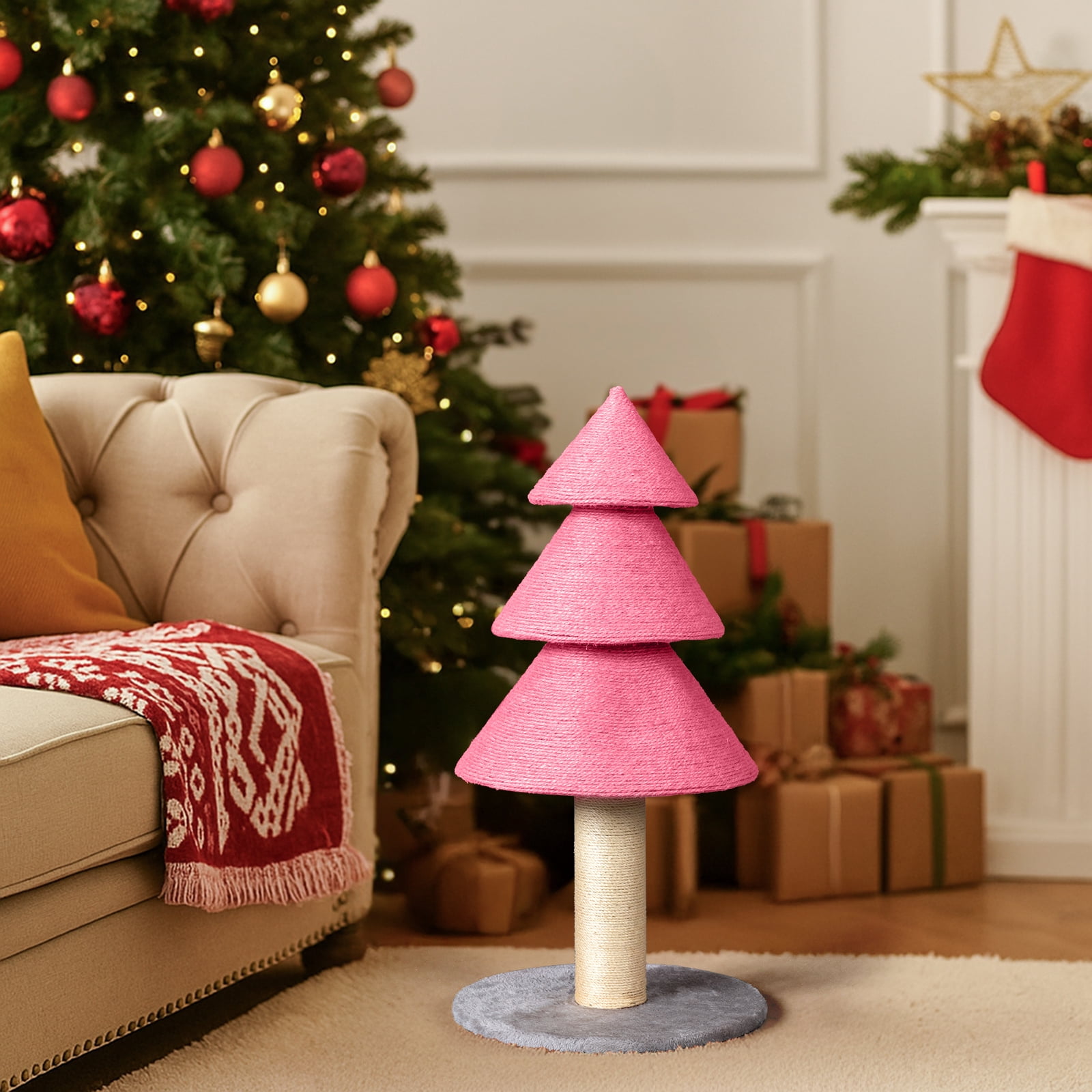 ZephyPaws 31.5in Holiday Cat Scratching Post, Christmas Tree Shaped Cat Scratcher with Sisal Rope and Plush Base, Stable Indoor Cat Scratch Tower Furniture, Easy Assembly, Pink