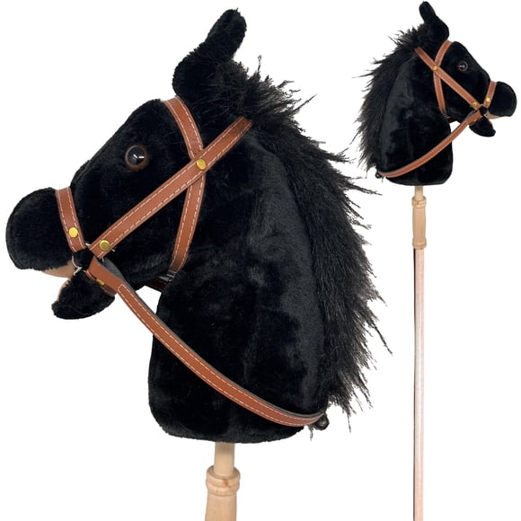 Poney Bâton - Cheval de Passe-Temps Noir, Qualité Artisanale pour le Jeu d'Imitation Amusant pour Tout-Petits, Bâton en Bois Robuste, Sons de Hennissement et de Clip-Clop, 36 Pouces de Long
