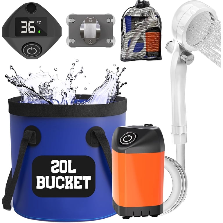 Portable Camping Shower Pump Kit – Rechargeable 90 Min Battery, 3.9 Gal Solar-Warming Bucket, Dual Shower & Spray Heads