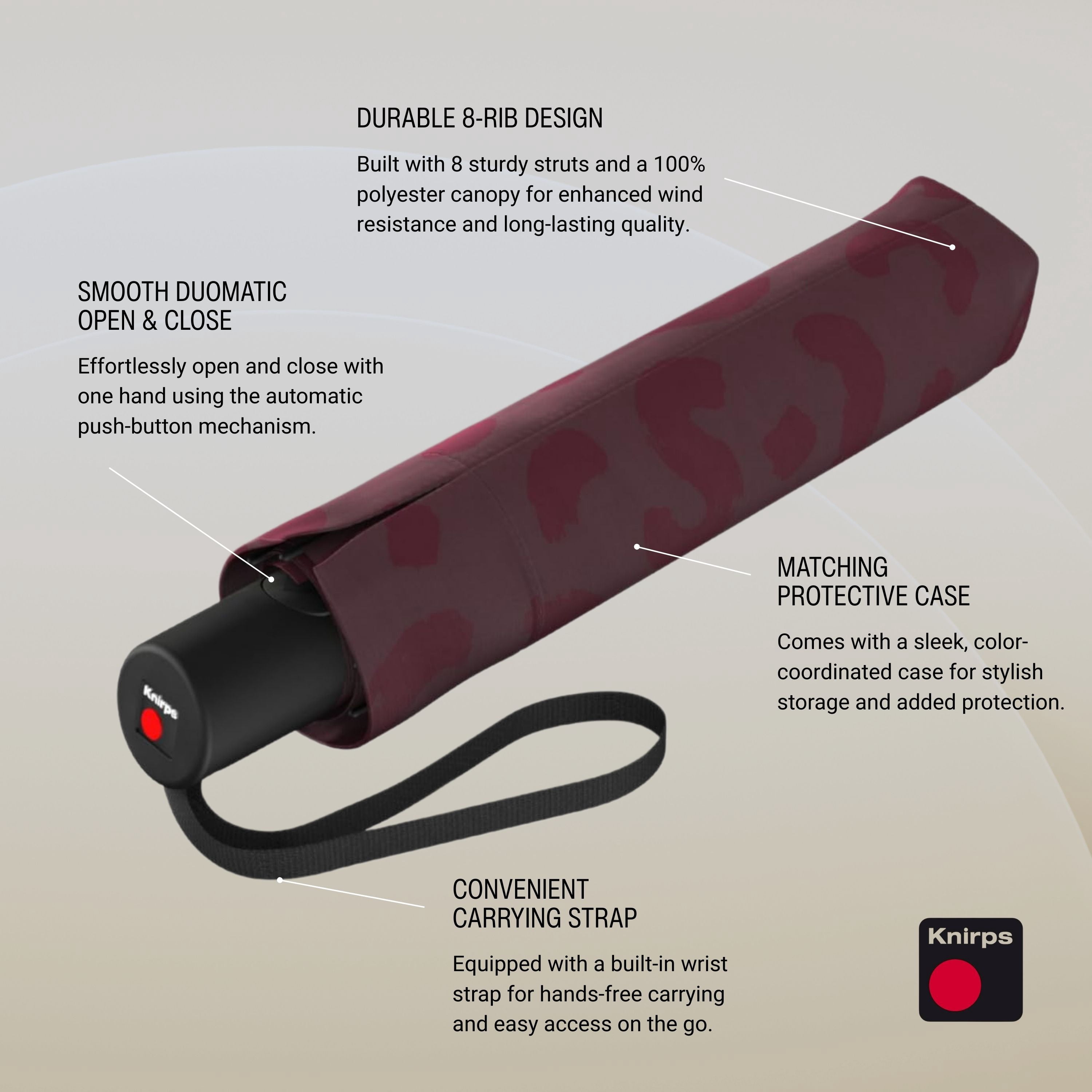 Knirps A.200 Medium Duomatic Windproof Rain Umbrella for Adults in Cone Bordeaux – Automatic Open Close Design, 38.5" Wind Resistant Canopy, Durable Steel Frame, Travel Case Included
