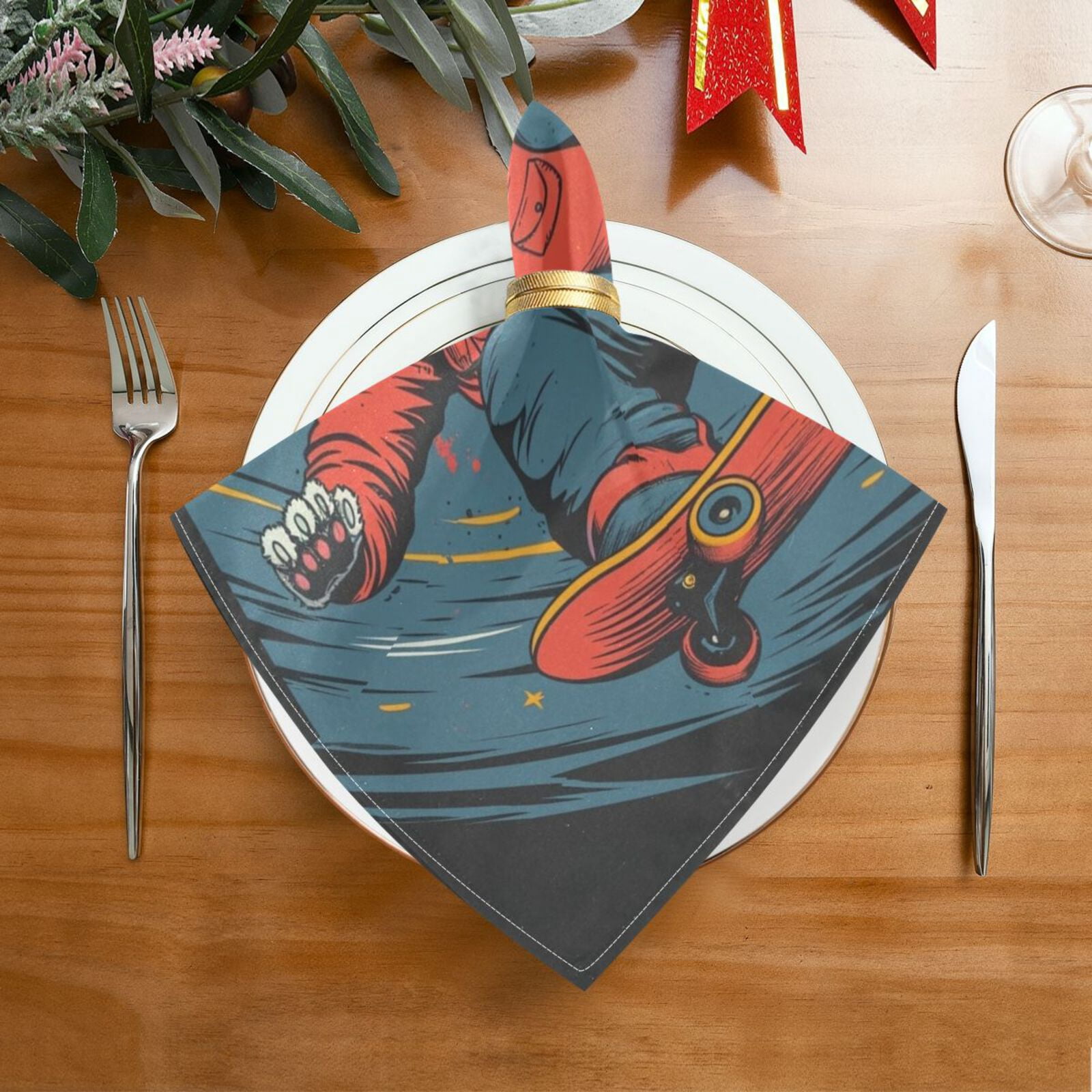 JSTEL Cat Kitten Astronaut Skateboard Cloth Napkins Set of 6, 20x20 Inch Washable and Reusable Napkin for Decoupage Dinner Party Everyday Use