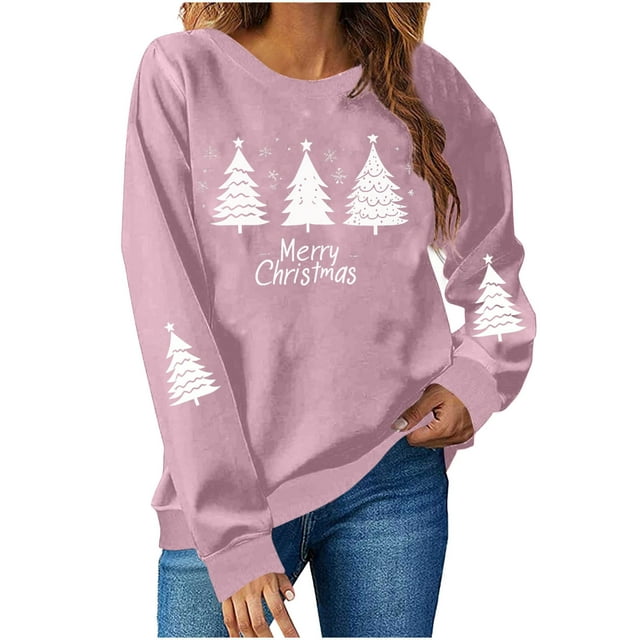 biudgviw Chandail de Noël pour Femmes à Manches Longues Imprimé Léger Décontracté Col Rond Tenues de Fête