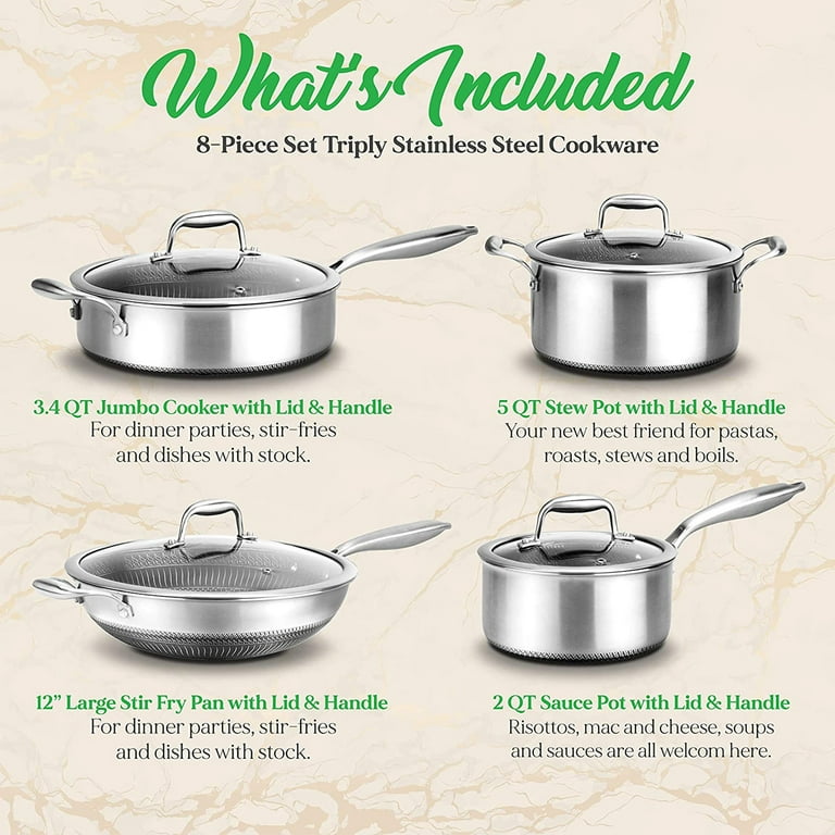 Nutrichef Nc3Ply8Z 8-Piece Nonstick Tri-Ply Stainless Steel Cookware Set