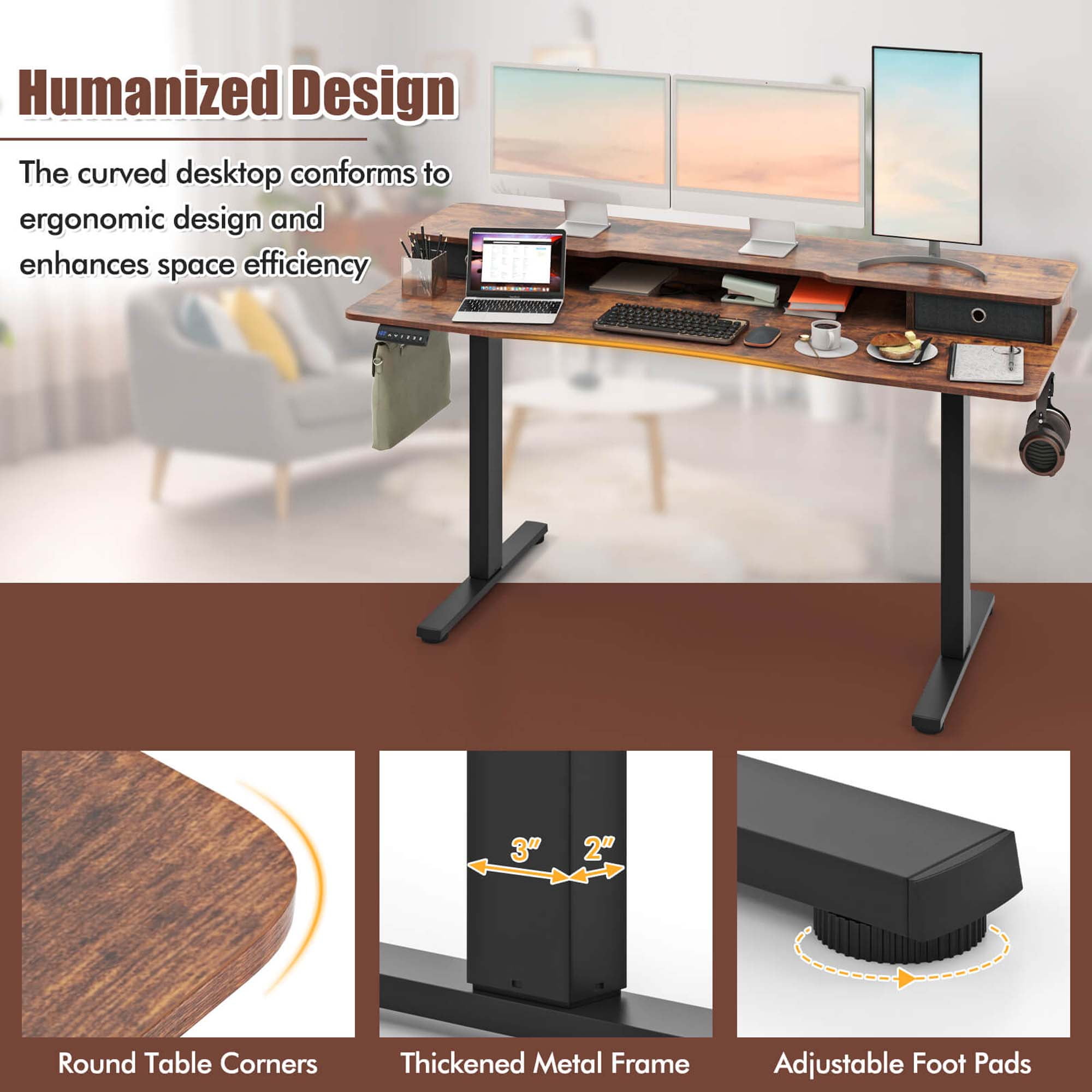Costway 63" x 24" Electric Standing Desk with 2 Drawers Monitor Stand Storage Shelf Brown