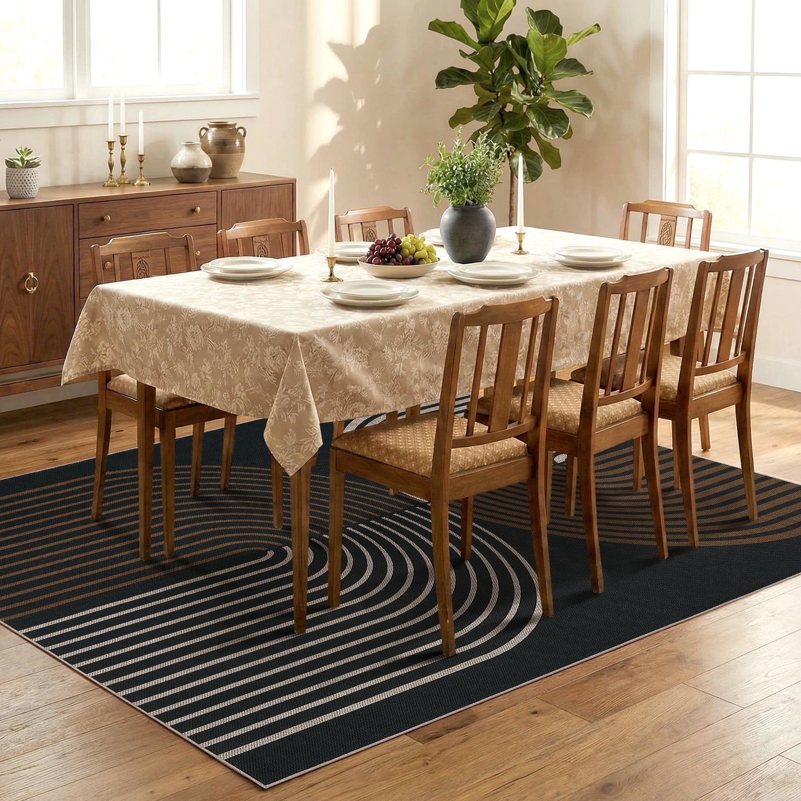 HIWEAVER Black 5' x 7' Easy Jute Area Rug for Living Room Non Slip Stain Resistant Arch Striped Indoor Carpet Non Shedding Modern Geometric Mat for Dining Room Outdoor Patio Rug