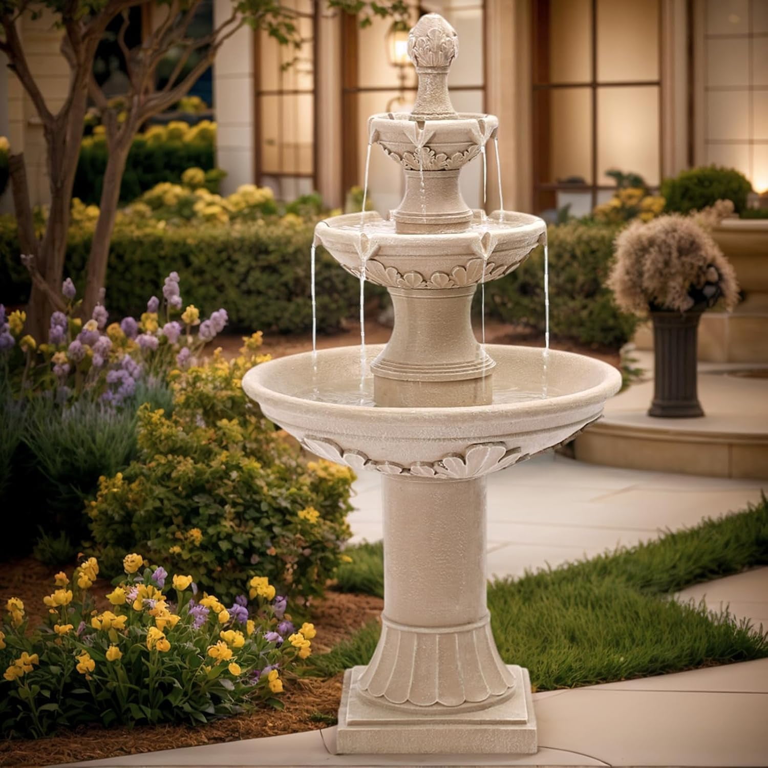 3-Tier Outdoor Water Fountain, 48.4" H Floor Backyard Garden Fountain, Water Feature Indoor with Pump, Outdoor Freestanding Waterfall Fountain, Bernini Fountain for Garden Patio Yard (Beige)
