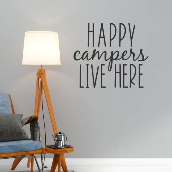 Happy Campers Live Here Camper Decorations for Inside Wall Decals RV Decor Art Quote Sticker 23x20-Inch Black