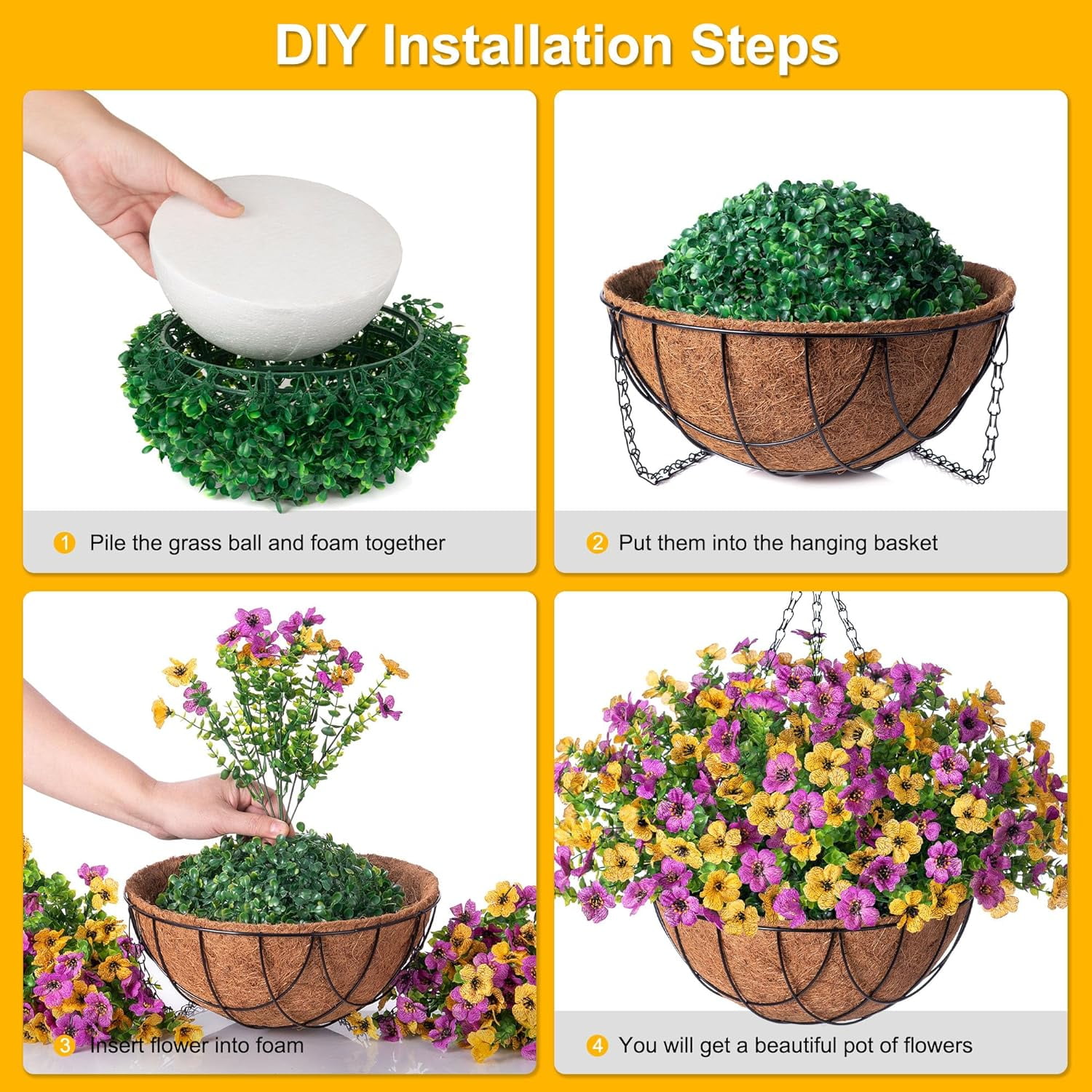 Artificial Faux Hanging Flowers Plants with Basket for Outdoor Spring Decoration, Fake Silk Daisy Outside Indoor UV Resistant Look Real Yard Patio Front Porch Garden Balcony Home Decor(Mix4)