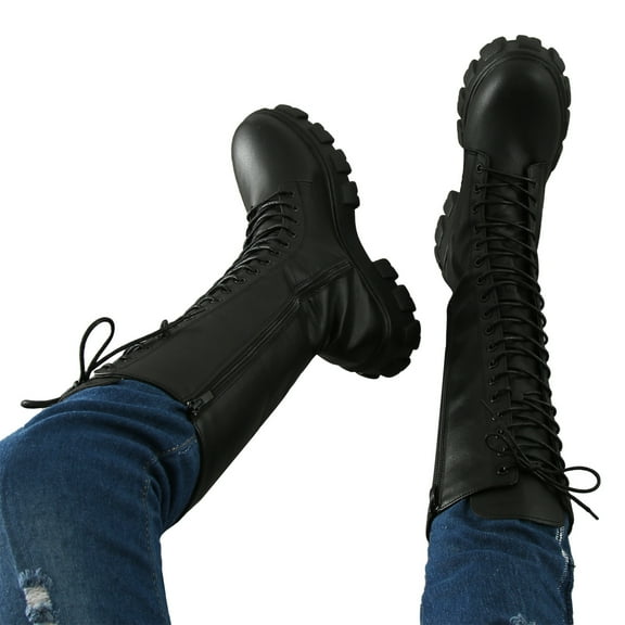 Oyedens Platform Combat Boots for Women Fashion Lace up Heels Horse Riding Mid Calf Boots