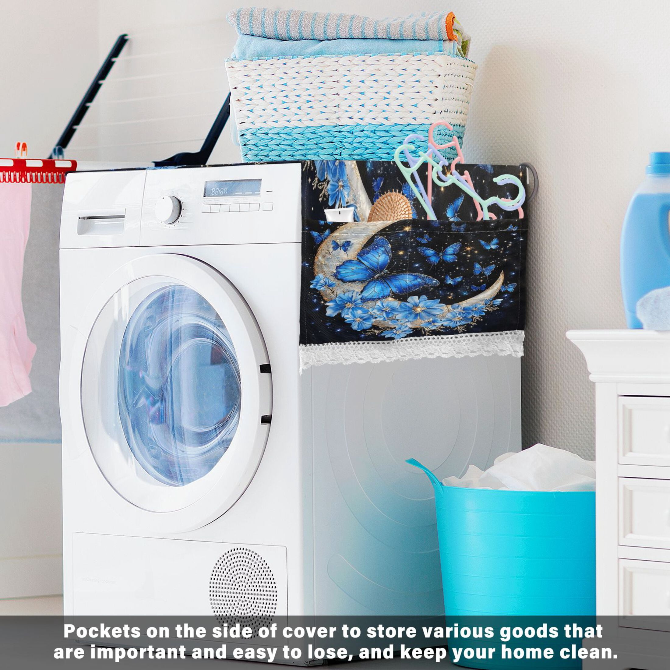 Washing Machine Cover 51.2x22in, Durable Polyester Dust Cover with Lace Trim and Side Pocket for Appliances Moon with Butterflies