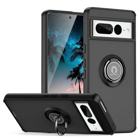TJS for Google Pixel 7 Pro Phone Case, 360 Degrees Rotating Metal Ring Magnetic Support Kickstand Cover Case for Pixel 7 Pro (Black)