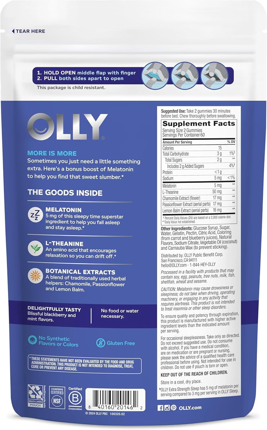 OLLY Extra Strength Sleep Gummy Supplement, 5 mg Melatonin, L-Theanine, Blackberry Zen Flavor, 120 Ct Pouch