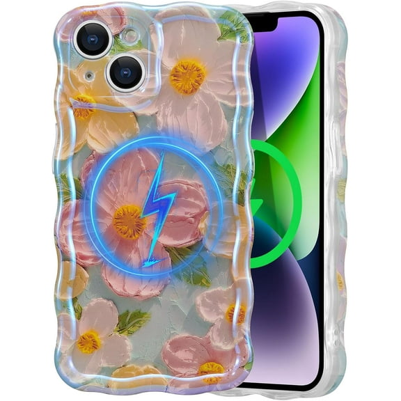 Case for iPhone 15, [Compatible with MagSafe] Colorful Oil Painting Flower Glossy Cute Curly Wave Edge Exquisite Phone Cover Stylish Durable TPU Protective Case for Women - Green