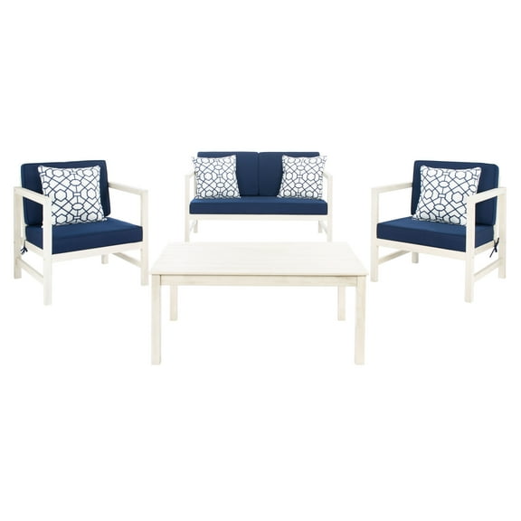 SAFAVIEH Montez Outdoor 4 Pc Conversational Set, White/Navy
