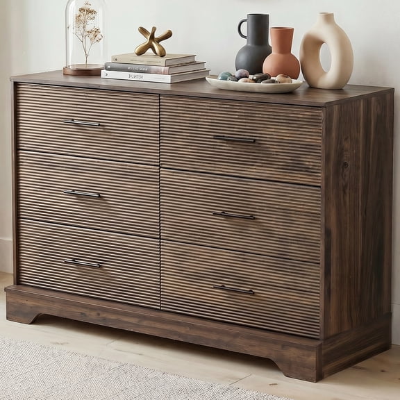 CHITOOMA 6 Drawer Fluted Dresser for Bedroom, Modern Wooden Long Dresser, Storage Cabine Chest of Drawers for Living Room Hallway, Walnut