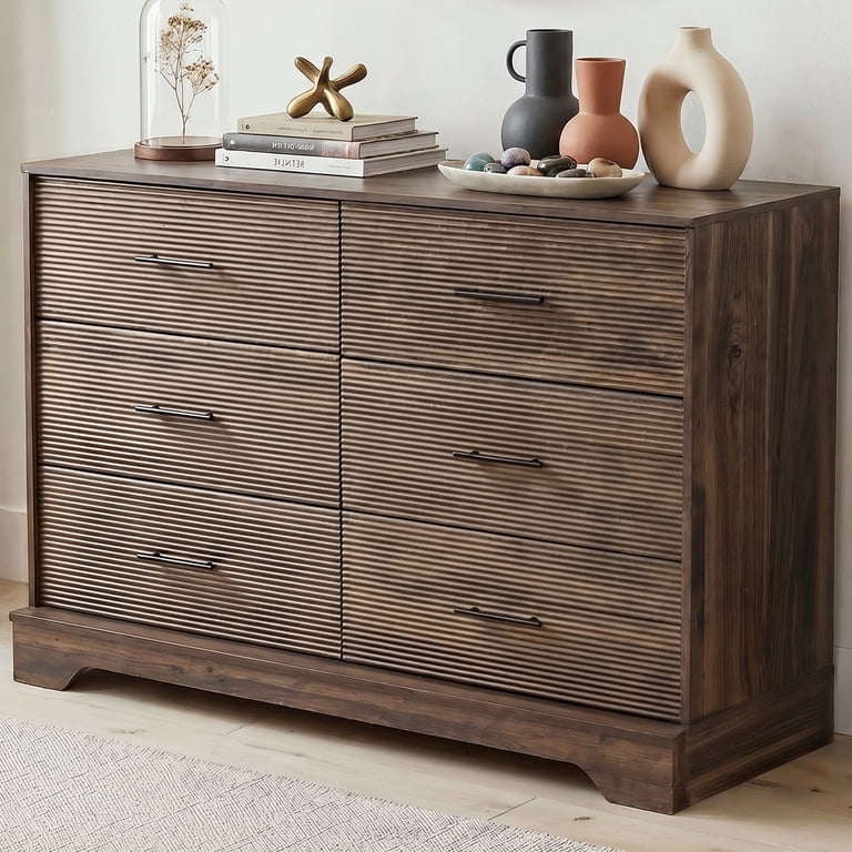 CHITOOMA 6-Drawer Fluted Dresser, Walnut photo 1