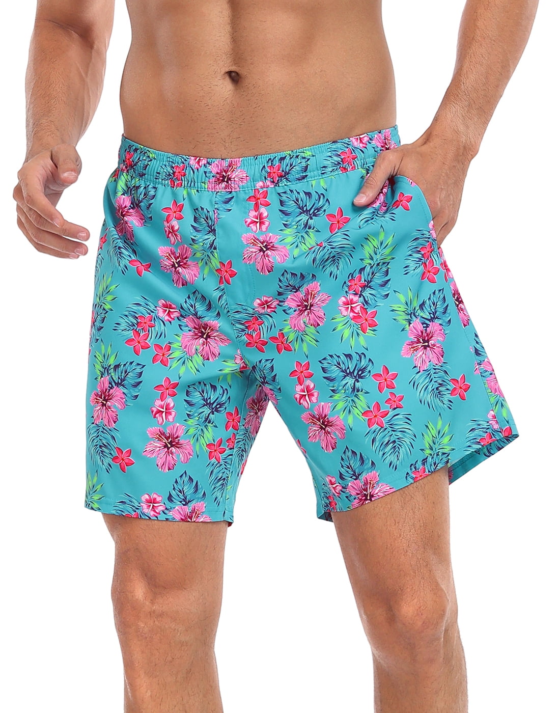 LRD Men's Swim Trunks with Compression Liner 7 Inch Inseam Gettin' Tropical / Lime L