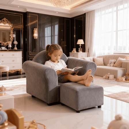 ASINMAK Asian Inspired Kids Velvet Reversible Cushions Chair with Ottoman, Gray