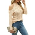 thumbnail image 3 of Womens Cold Shoulder Turtle-Neck Sweaters Fall Long Sleeve Soft Cable Knit Pullovers Sexy- Jumper Pullover Apricot L, 3 of 10