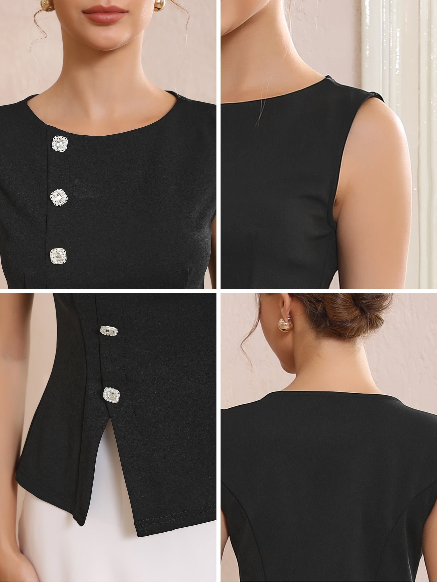 DARING DIVA Women's Sleeveless Formal Button Round Neck Cropped Peplum Vest Top 2XL Black