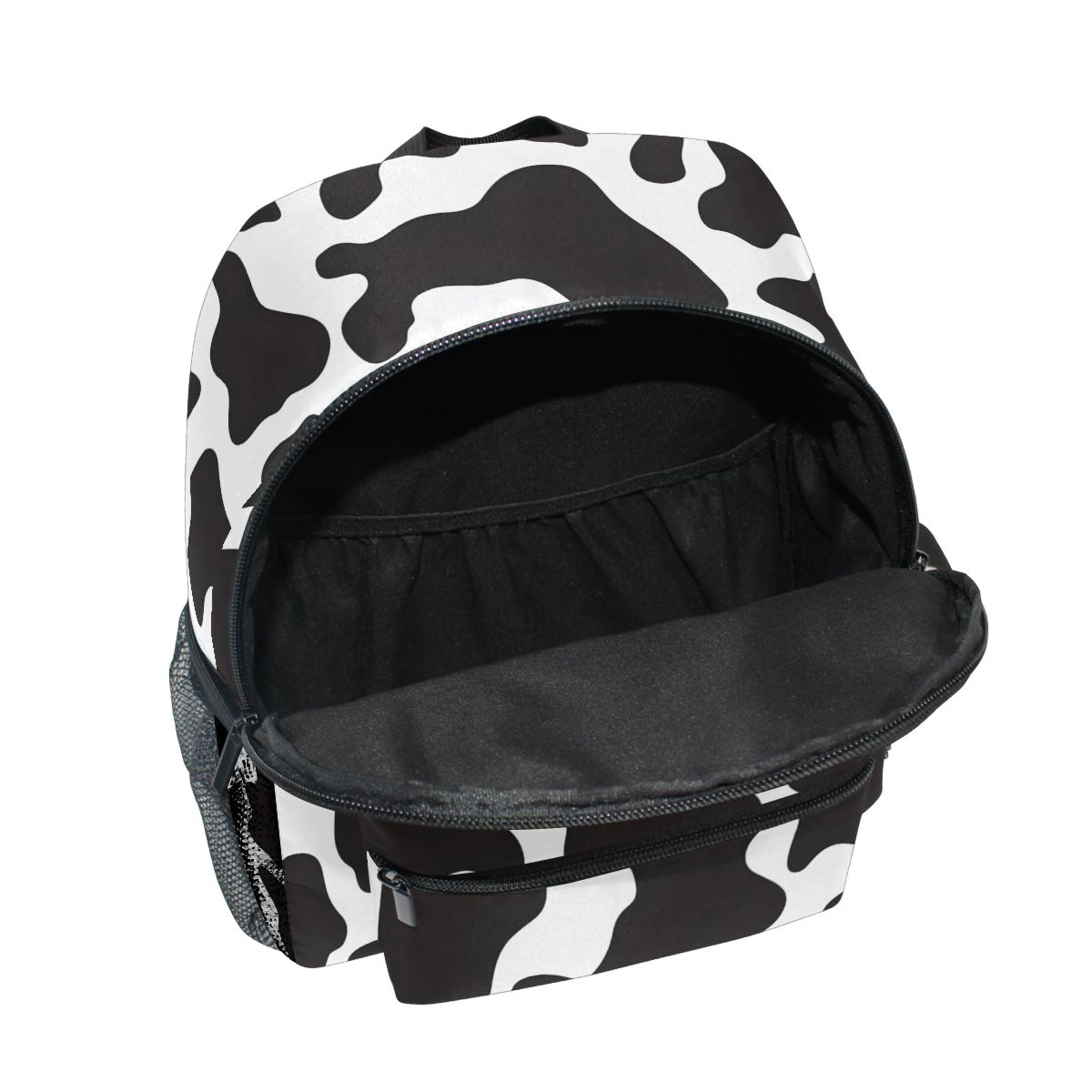 Black White Cow Print Pattern Mini Backpack Cute Small Backpack with Chest Strap and Whistle Ages 3-8