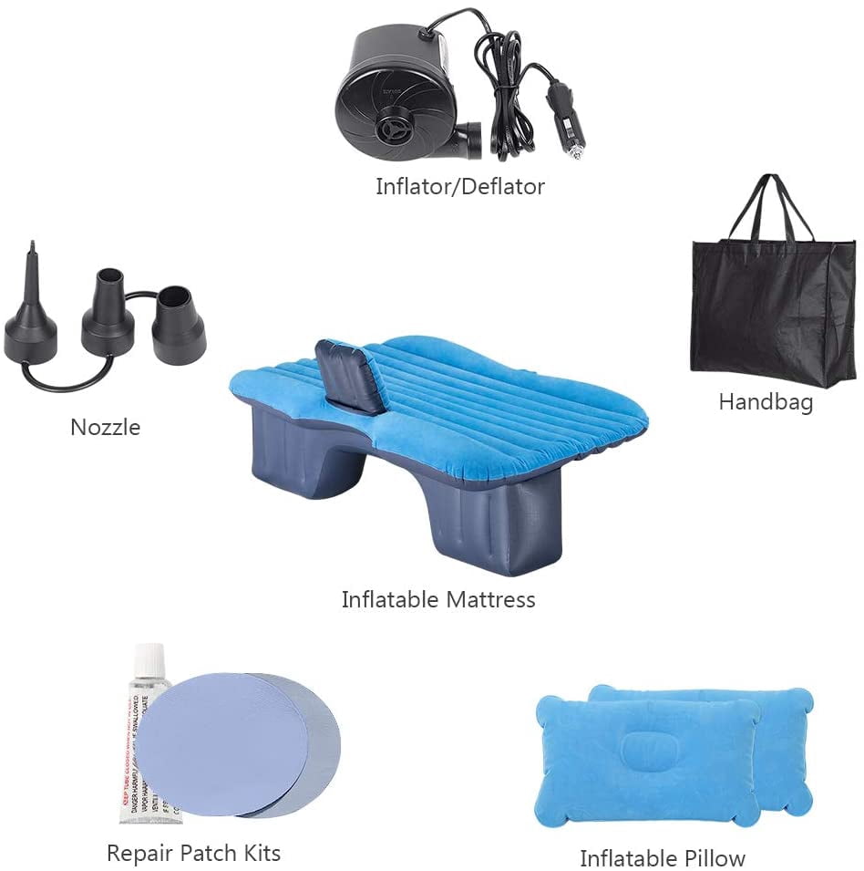55" x 35" x 18" Inflatable Extended Air Mattress for Car with Motor Pump Included, Two Pillows, Sky Blue by NEX