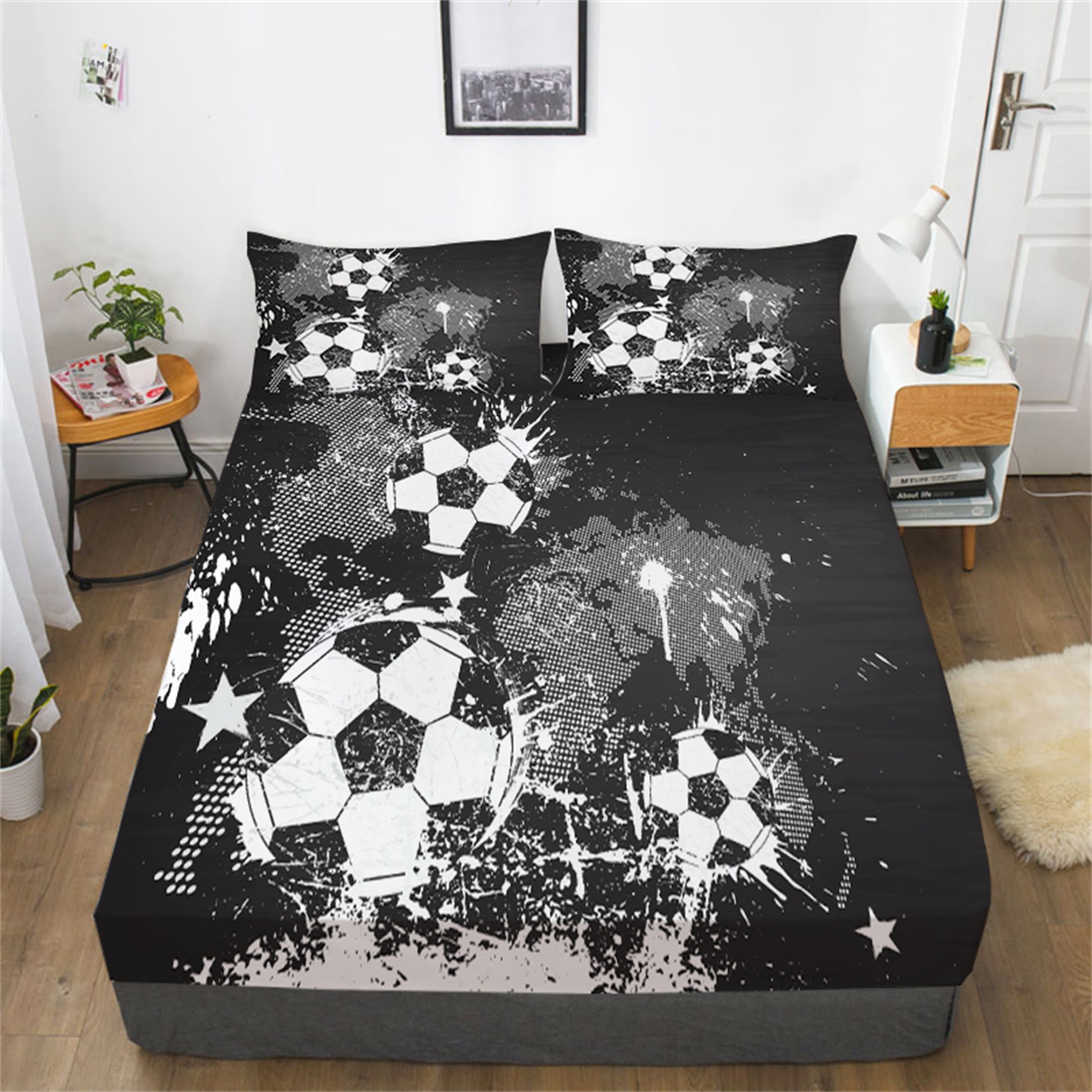 3D Football Bedding Set Fitted Sheet Set Soccer Bedclothes Black