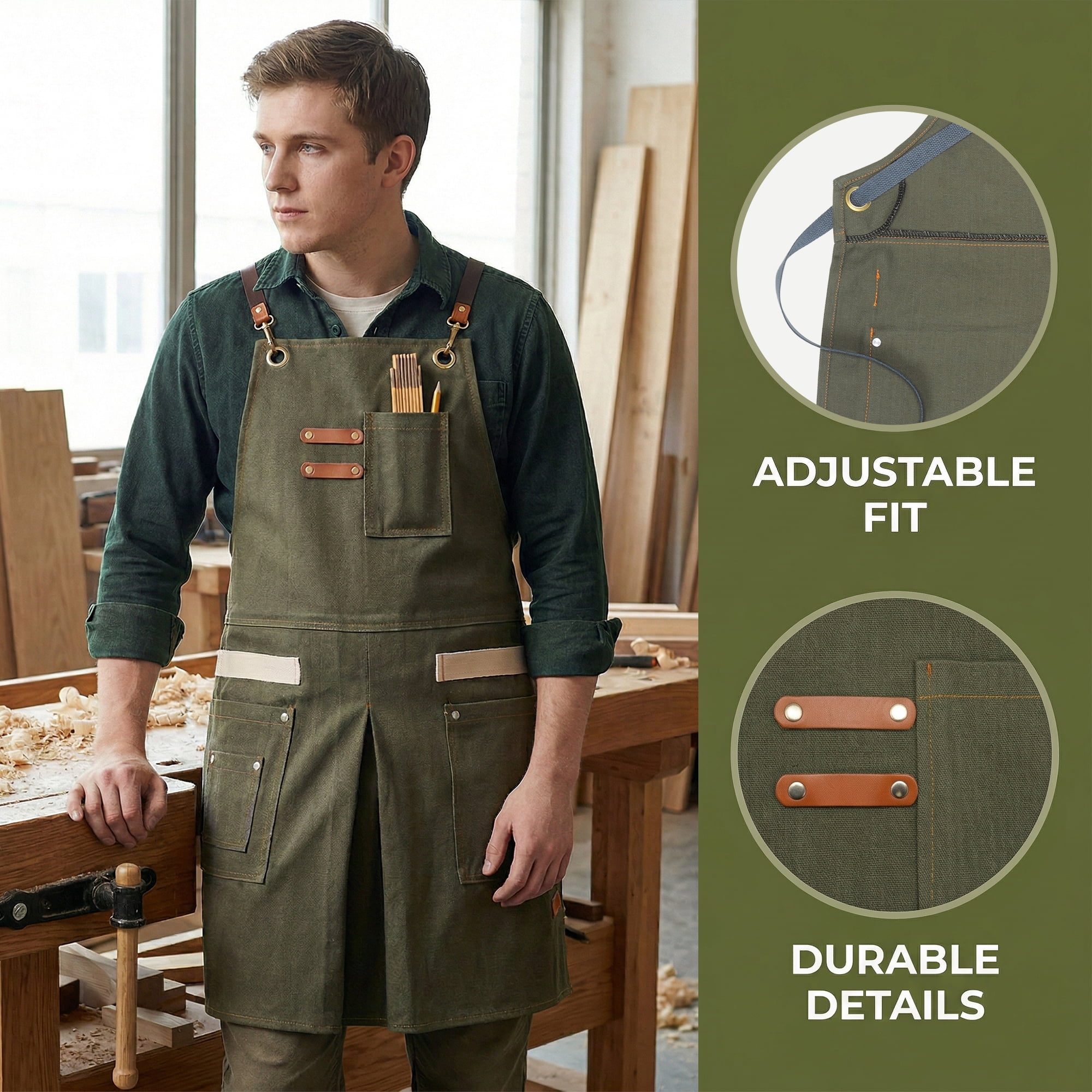 Unique Bargains Adjustable Long Waist Cooking Apron with Pockets for Kitchen Green