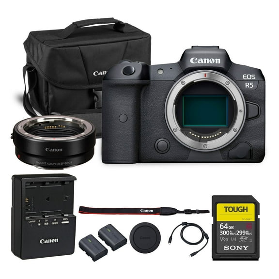 Canon EOS R5 Mirrorless Camera – 45MP Full-Frame RF Camera with 8K Video, IBIS, Dual Pixel AF II & 20fps Burst Shooting (4147C002)   Canon Adapter EF-EOS R   LP-E6P Battery   64GB Memory Card   More
