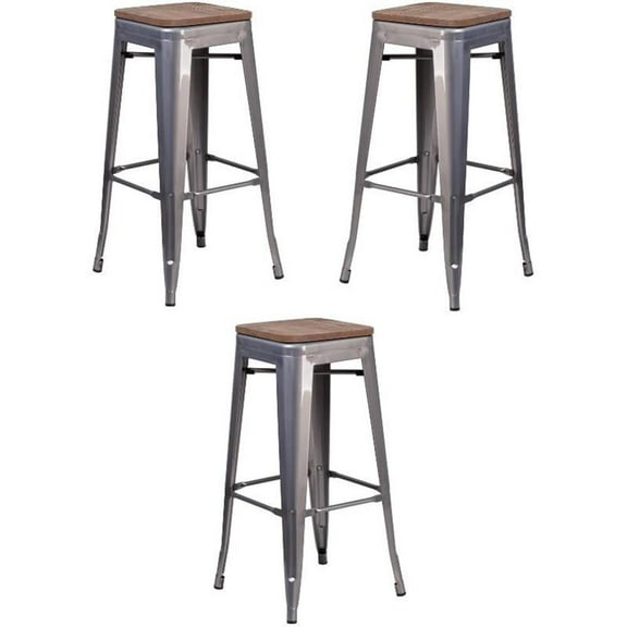 Home Square 31" Backless Metal Bar Stool in Gray and Wood Grain - Set of 3