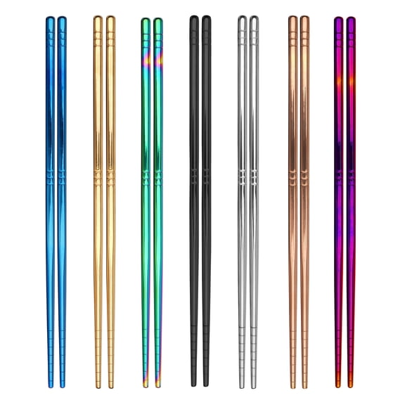 Metal chopsticks set of 7 pairs, stainless steel reusable chopsticks with anti-slip rings, square handle lightweight design, 8.9 inches, 7 colors