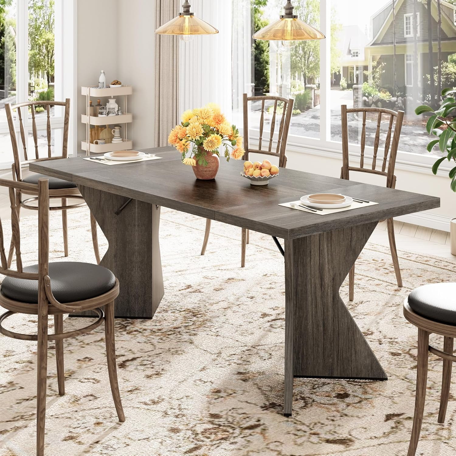 M optimized Dining Room Table for 6 People, 71" Rectangular Kitchen Table with Sturdy Frame, Thickened Long Tabledesk and Dinner Desk for Party, Big Family, V-Shape Leg