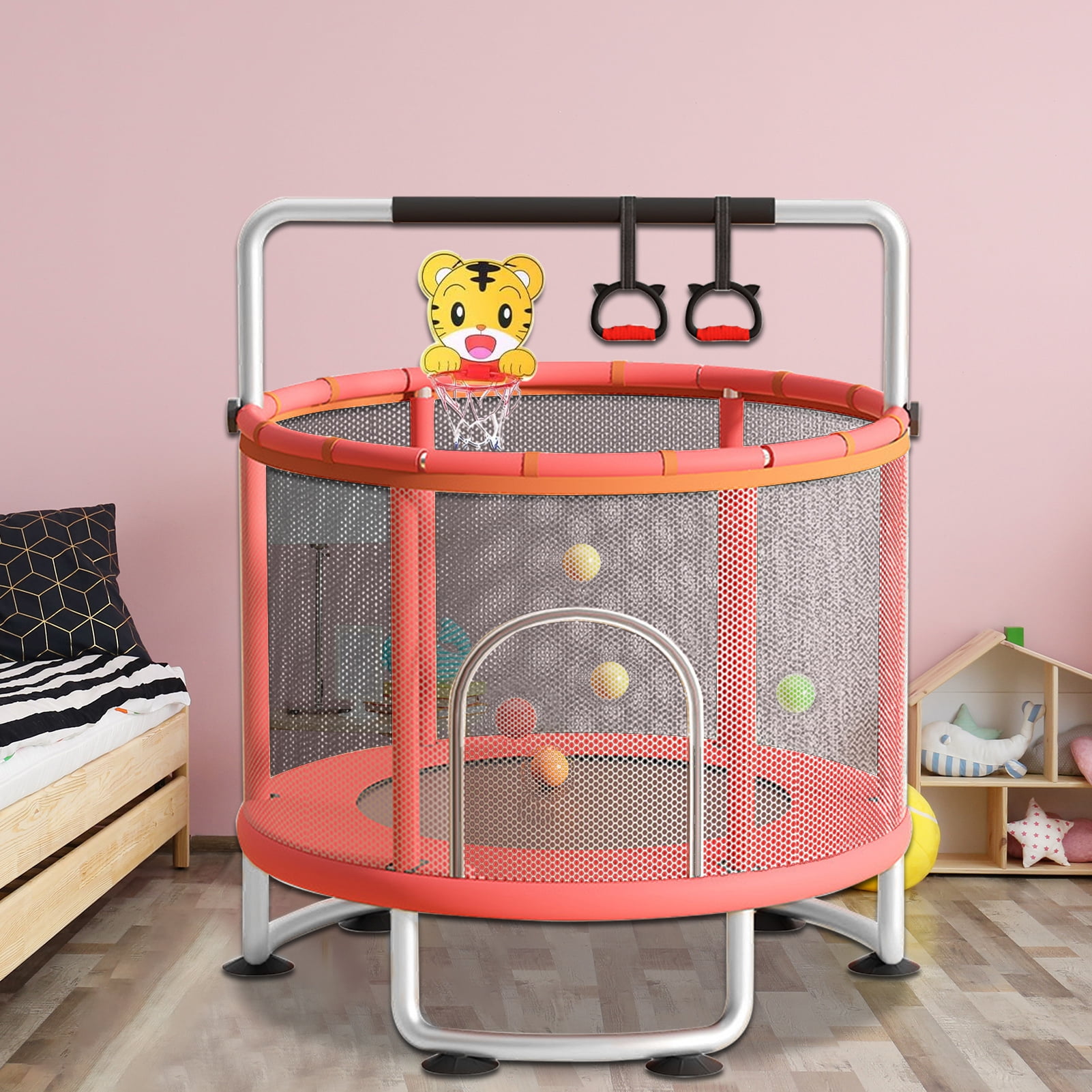 Lorelo Kids Trampoline, Adjustable Baby Toddler Trampoline with Basketball Hoop, Swing, Sandbag, Ocean Balls, 440lbs Indoor Outdoor Toddler Trampoline with Enclosure Net