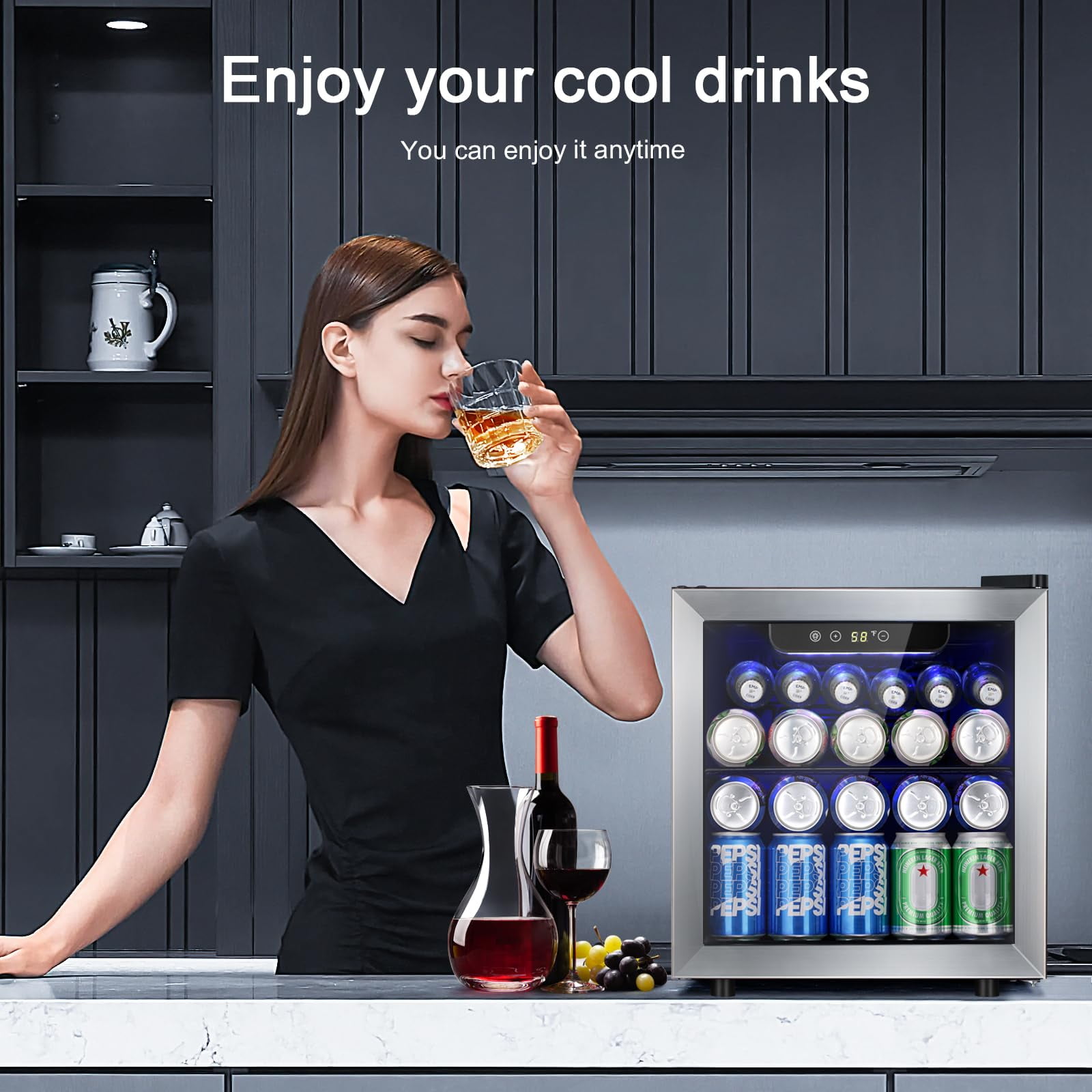 Auseo 55Cans Mini Fridge Cooler, Beverage Refrigerator Cooler with Stainless Steel Glass Door & Adjustable Leveling Legs, Home/Bar/Office