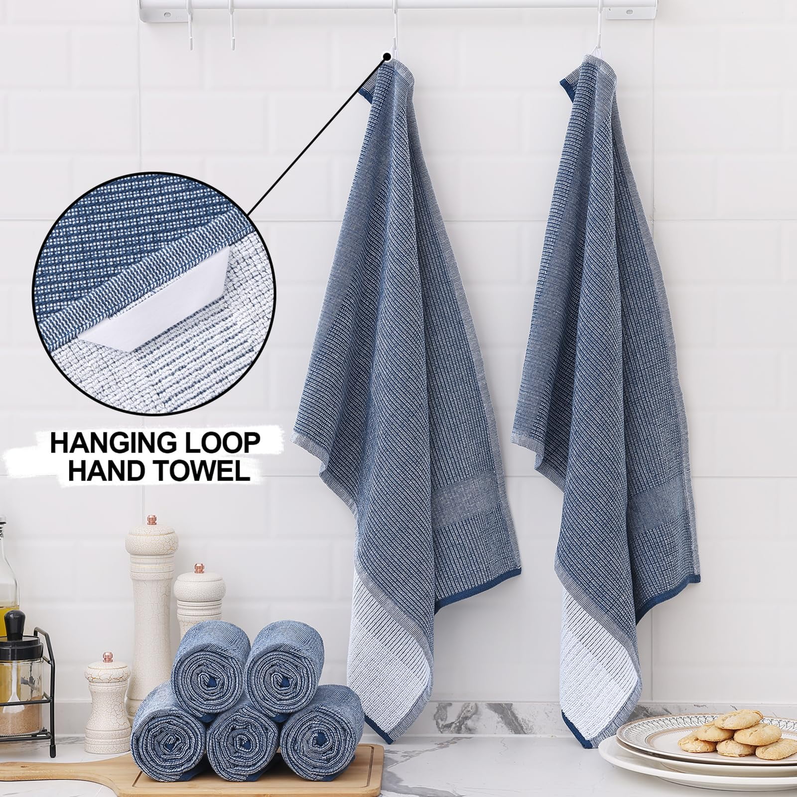 decorUhome Premium Kitchen Towels(18"x 28", 6 Pack), Large Cotton Kitchen Hand Towels, Navy Blue