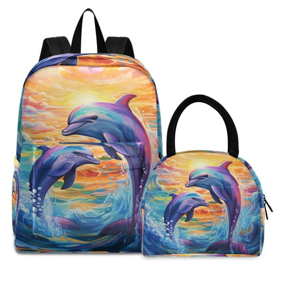 ALAZA Backpack Set Dolphins in Sea Elementary School Bags Student BookBag with Lunch Bag