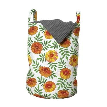 Floral Laundry Bag, Orange Tagetes Marigold Flowers Pattern with Leaves Nature Composition, Basket with Handles Drawstring Closure for Laundromats, 13" x 19", Vermillion and Green, by Ambesonne