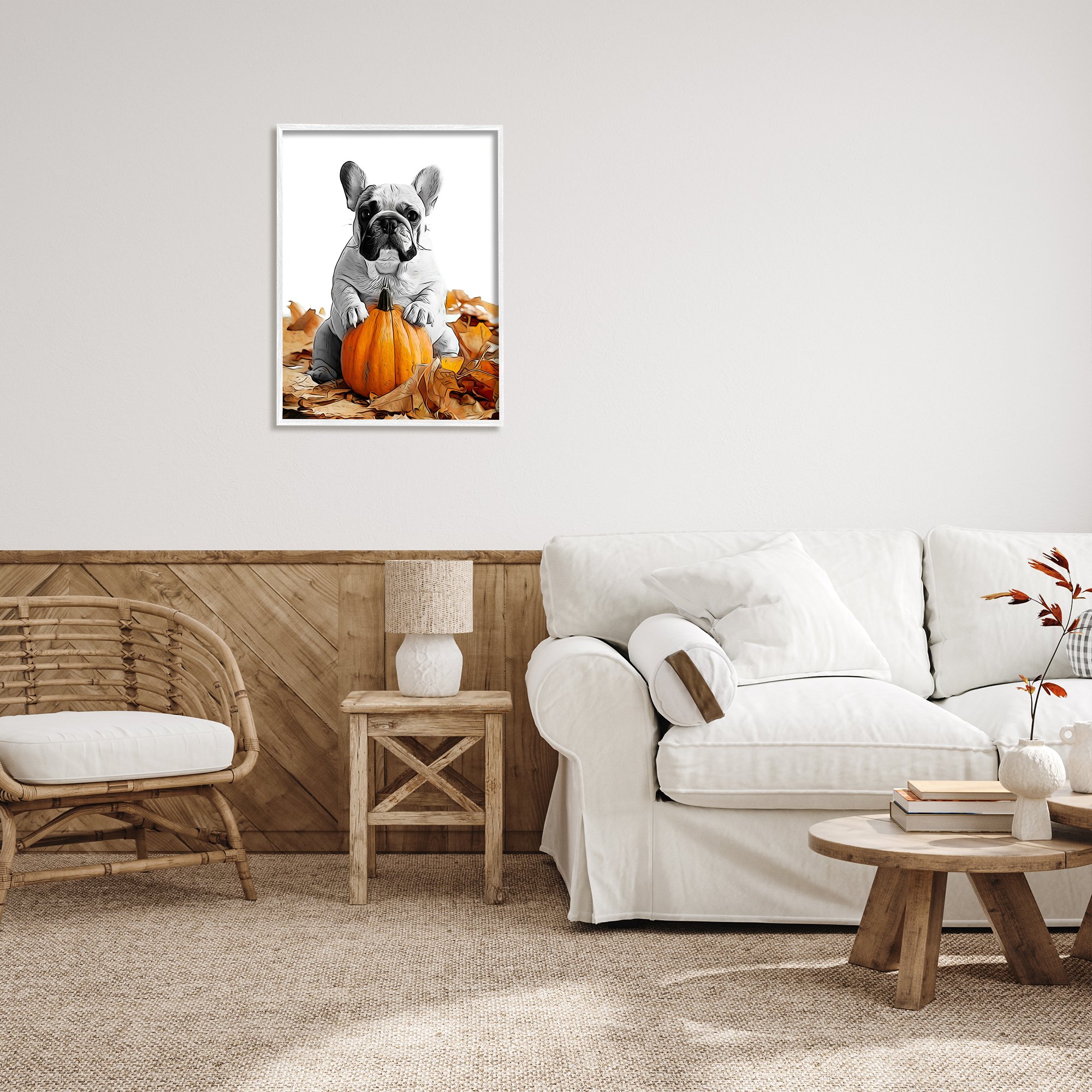 Stupell Industries Puppy with Fall Pumpkin Holiday Painting White Framed Art Print Wall Art, 24 x 30