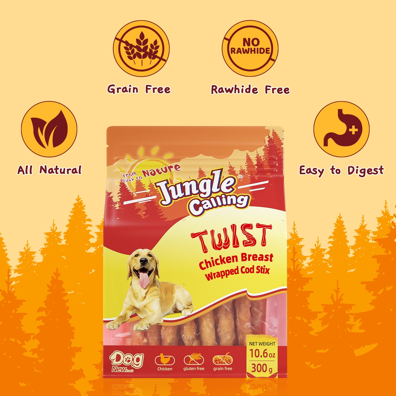 (5 pack) Jungle Calling Rawhide Free Dogs Treats Chicken Wrap Cod Sticks Dog Treats, Soft Chewy Training Treats, 10.6 oz