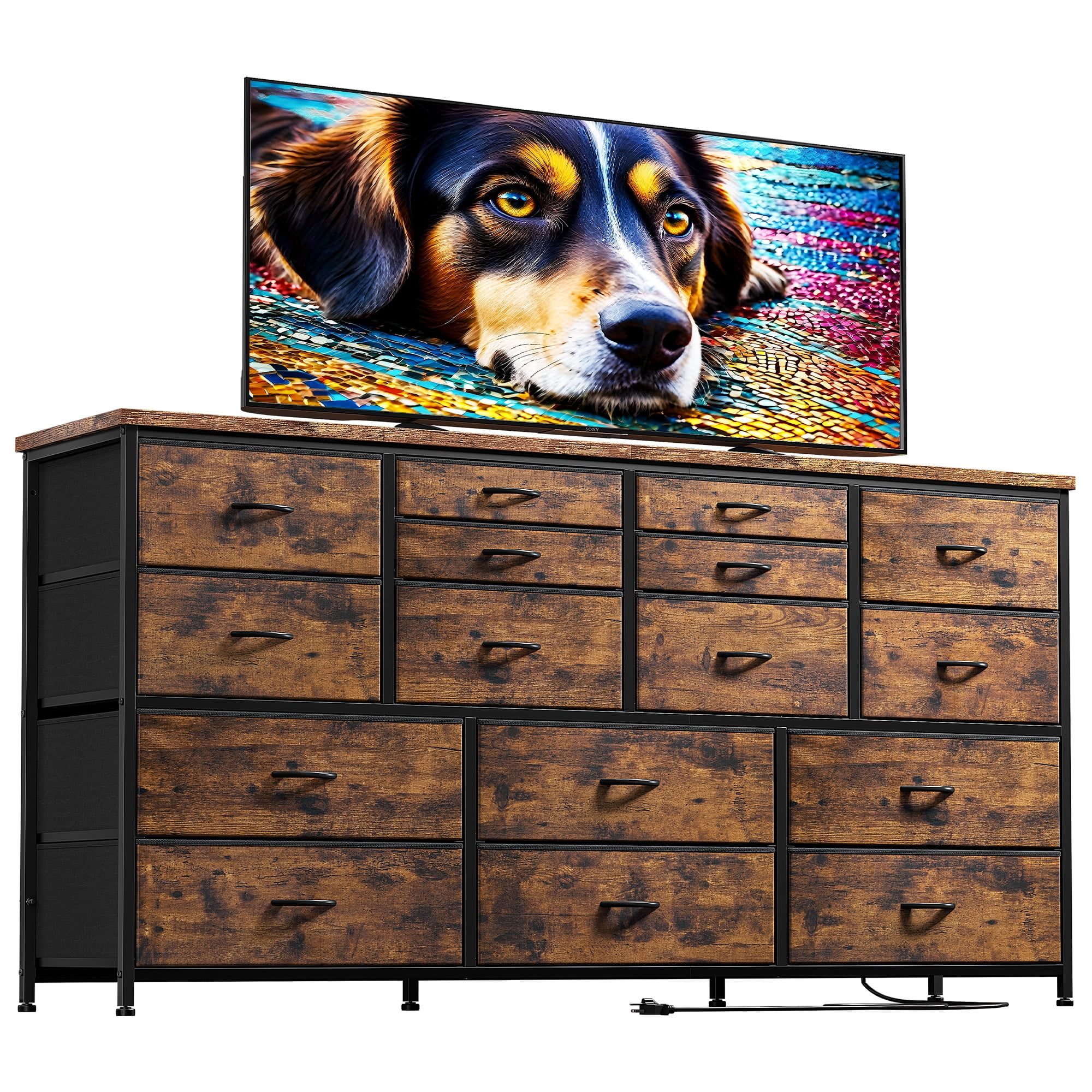 Romorgniz Dresser for Bedroom with 16 Drawers for Closet Fabric Dressers & Chests of Drawers TV Stand with Charging Station, Rustic Brown