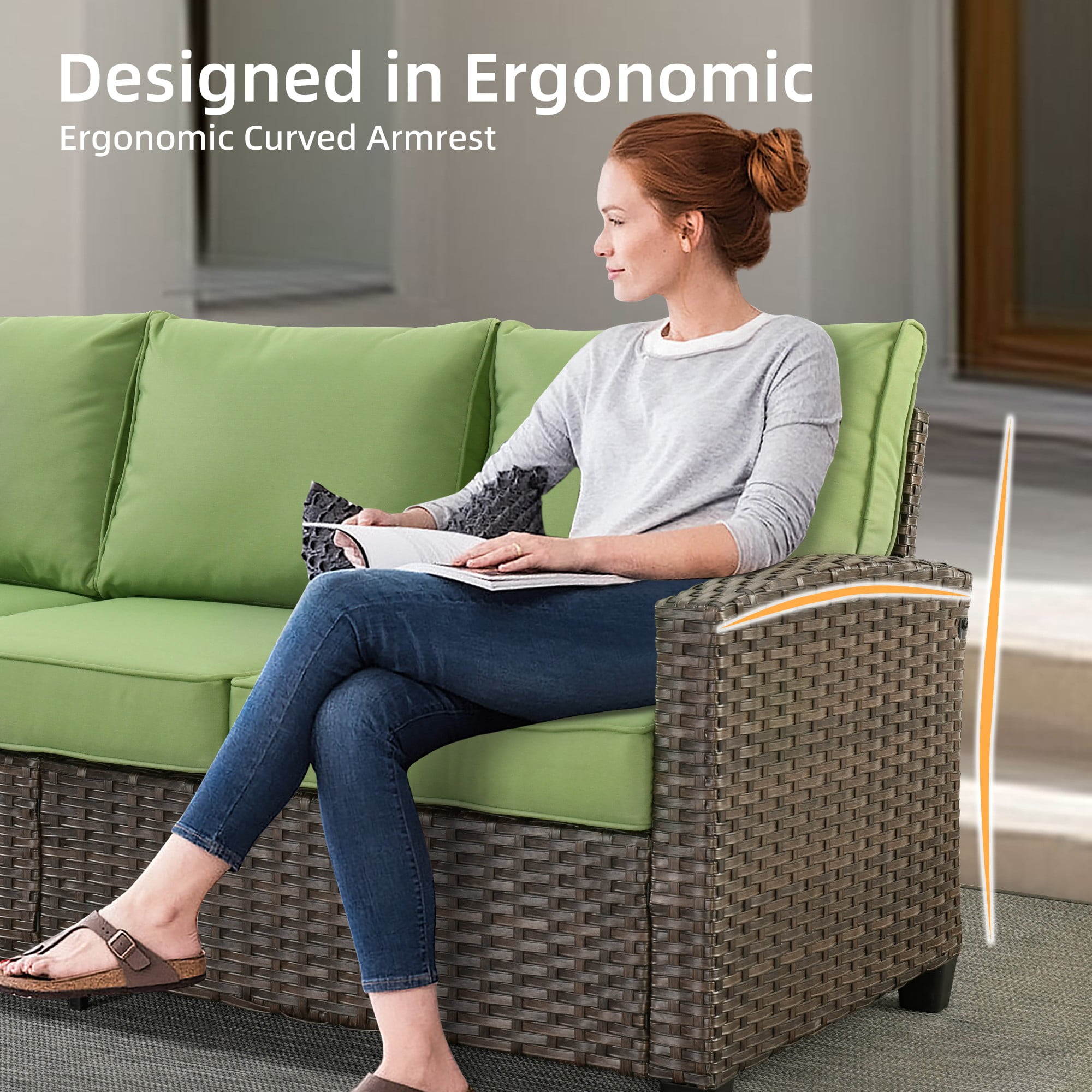 XIZZI 6 Pieces High Back Wicker Patio Furniture Set All Weather Outside Seating Sofa Rattan Outdoor Conversation Set with Cushion Ottoman for Balcony, Green
