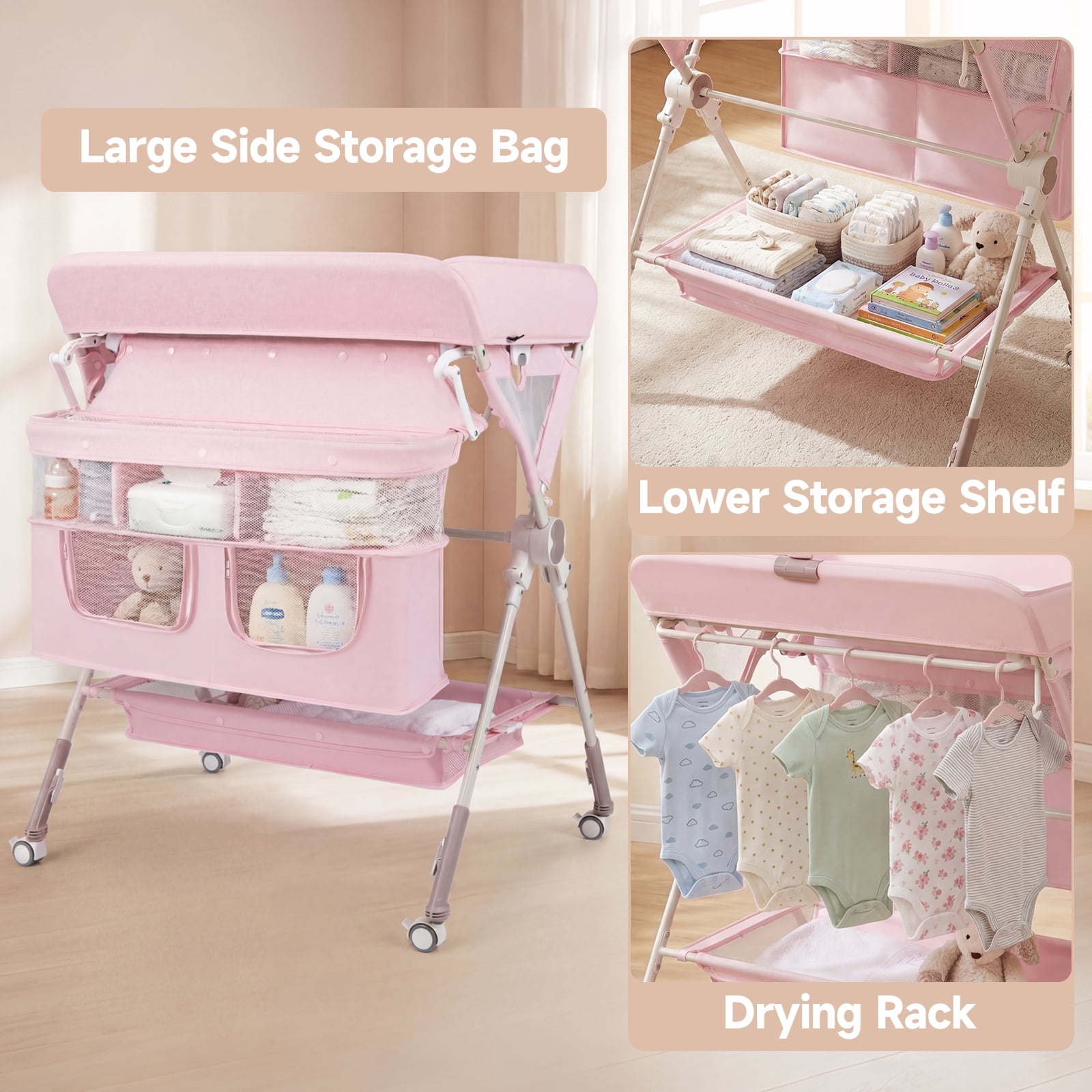 INFANS Portable Baby Changing Table with Wheels, Foldable Diaper Changing Station with Adjustable Heights, Large Organizer Storage for Newborn Infant